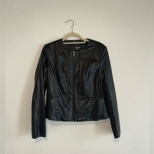 bebe Black Faux Leather Collarless Zip Jacket